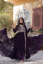 Vedant Vastram Heavy Embroidery & Sequins Work Pure Georgette Gown With Dupatta - Violet | Grocsy