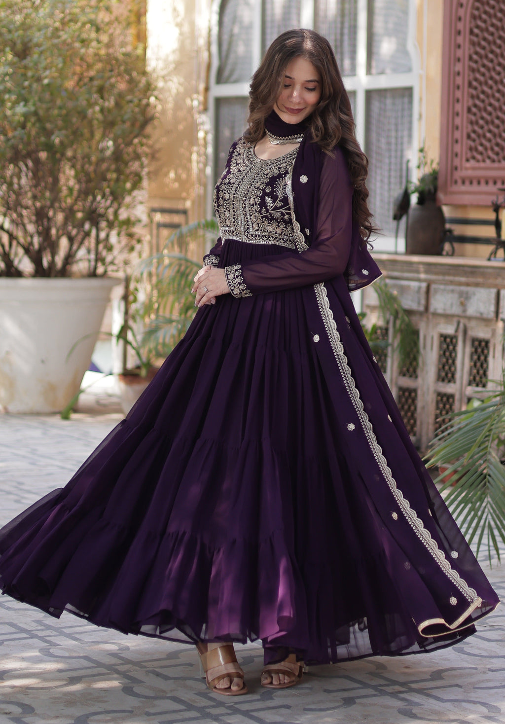 Vedant Vastram Heavy Embroidery & Sequins Work Pure Georgette Gown With Dupatta - Violet | Grocsy