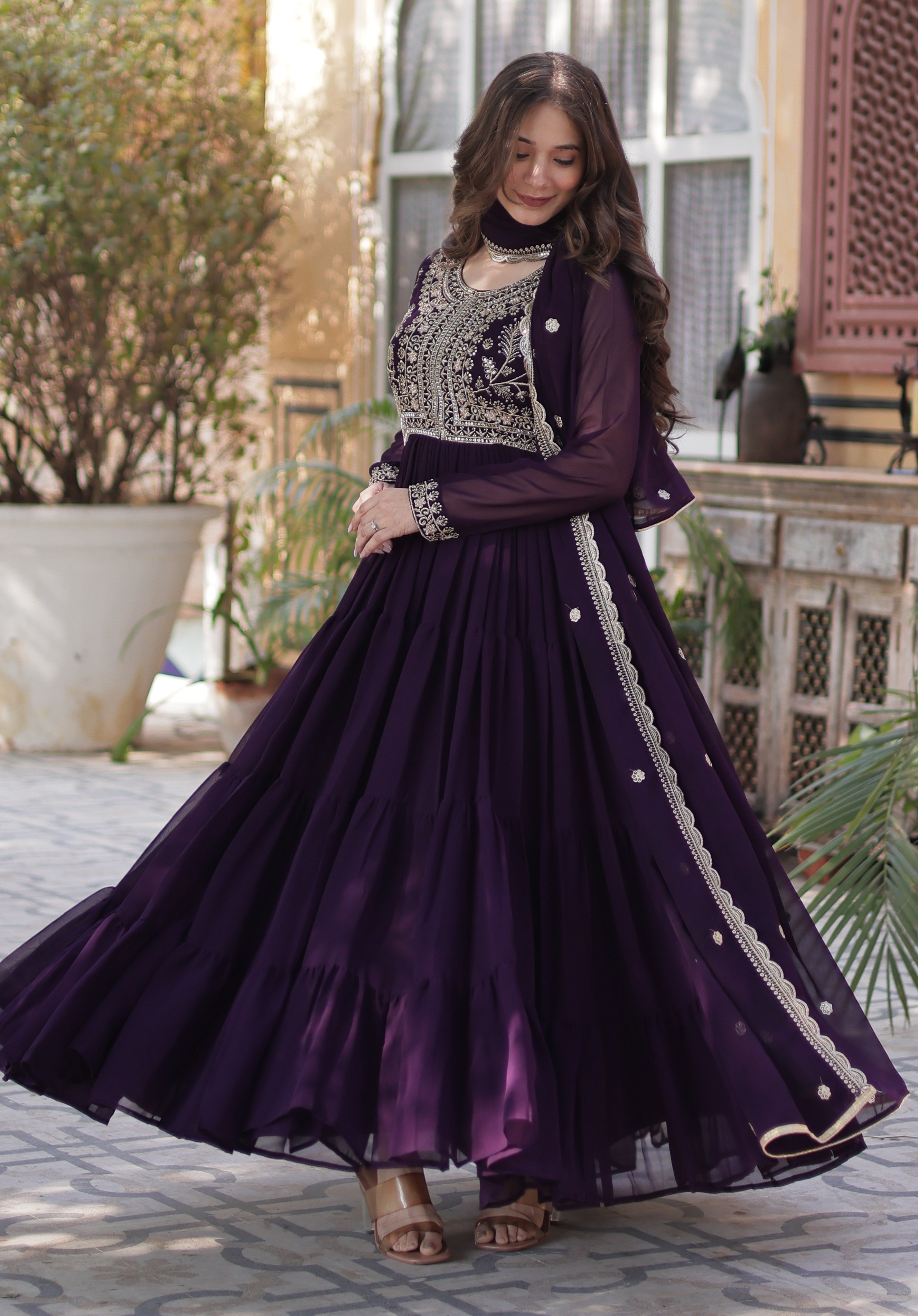 Vedant Vastram Heavy Embroidery & Sequins Work Pure Georgette Gown With Dupatta - Violet | Grocsy