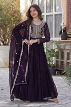 Vedant Vastram Heavy Embroidery & Sequins Work Pure Georgette Gown With Dupatta - Violet | Grocsy