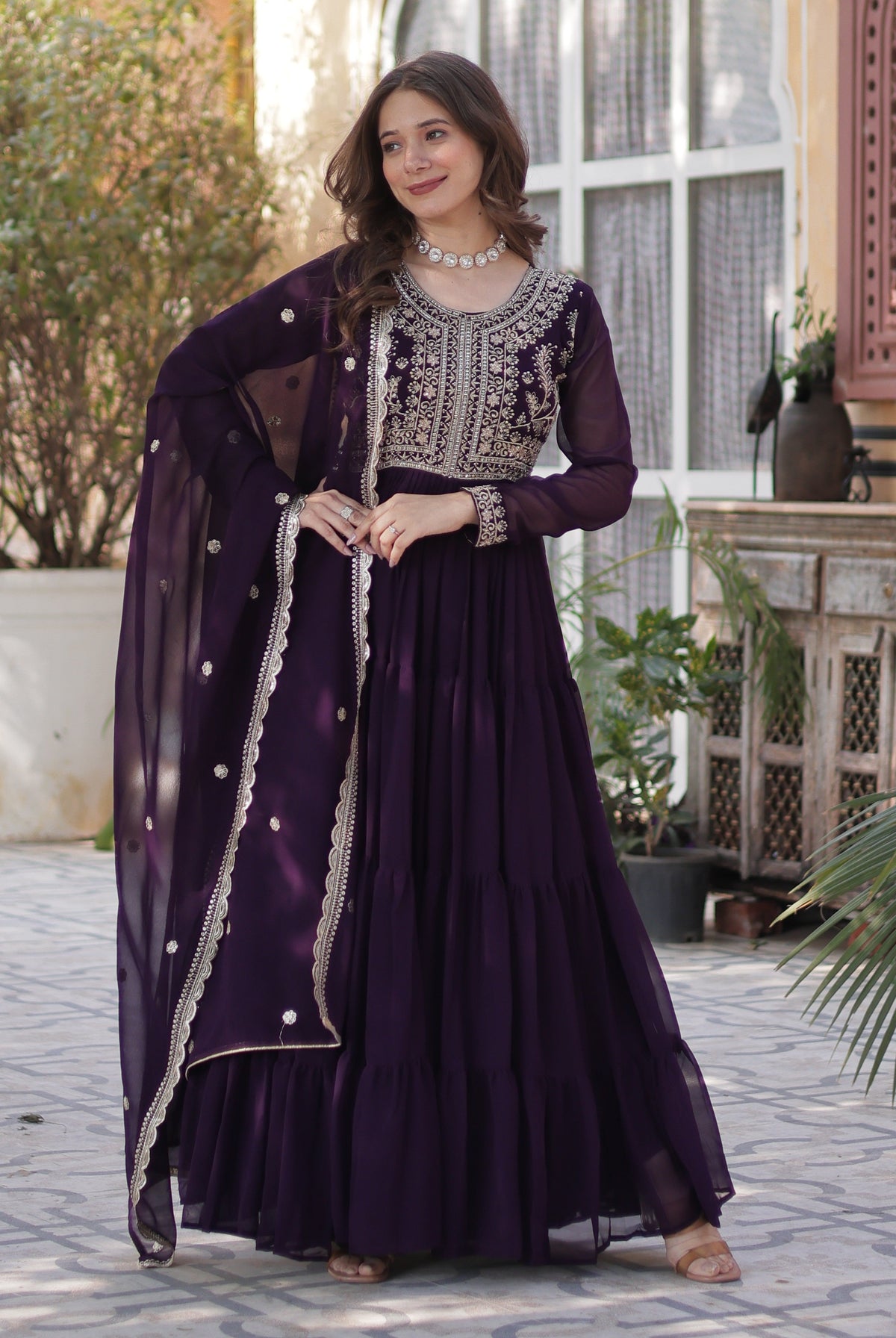 Vedant Vastram Heavy Embroidery & Sequins Work Pure Georgette Gown With Dupatta - Violet | Grocsy