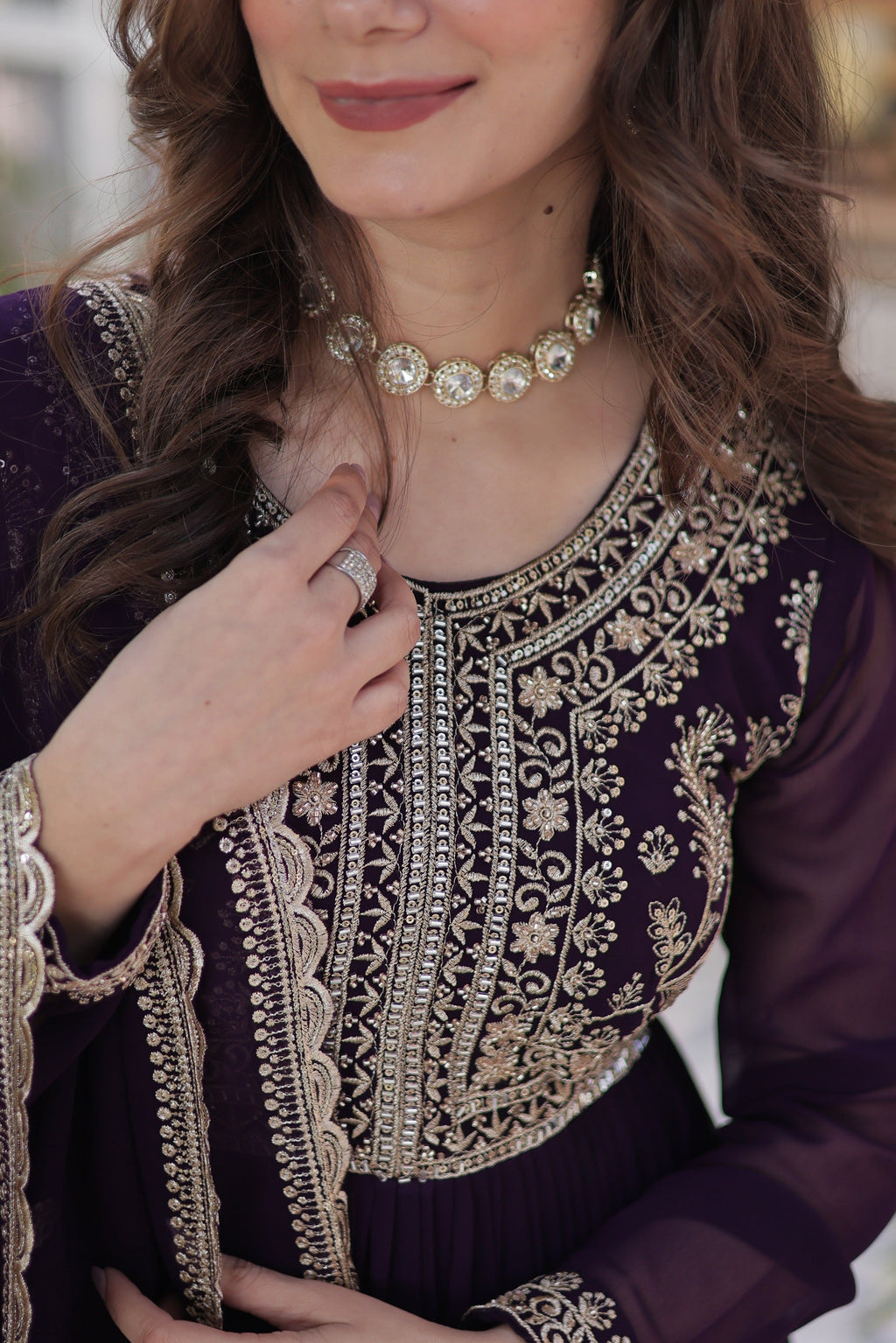 Vedant Vastram Heavy Embroidery & Sequins Work Pure Georgette Gown With Dupatta - Violet | Grocsy