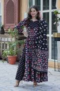 Vedant Vastram Printed Pure Cotton Kurti Pant Set With Dupatta - Black | Grocsy