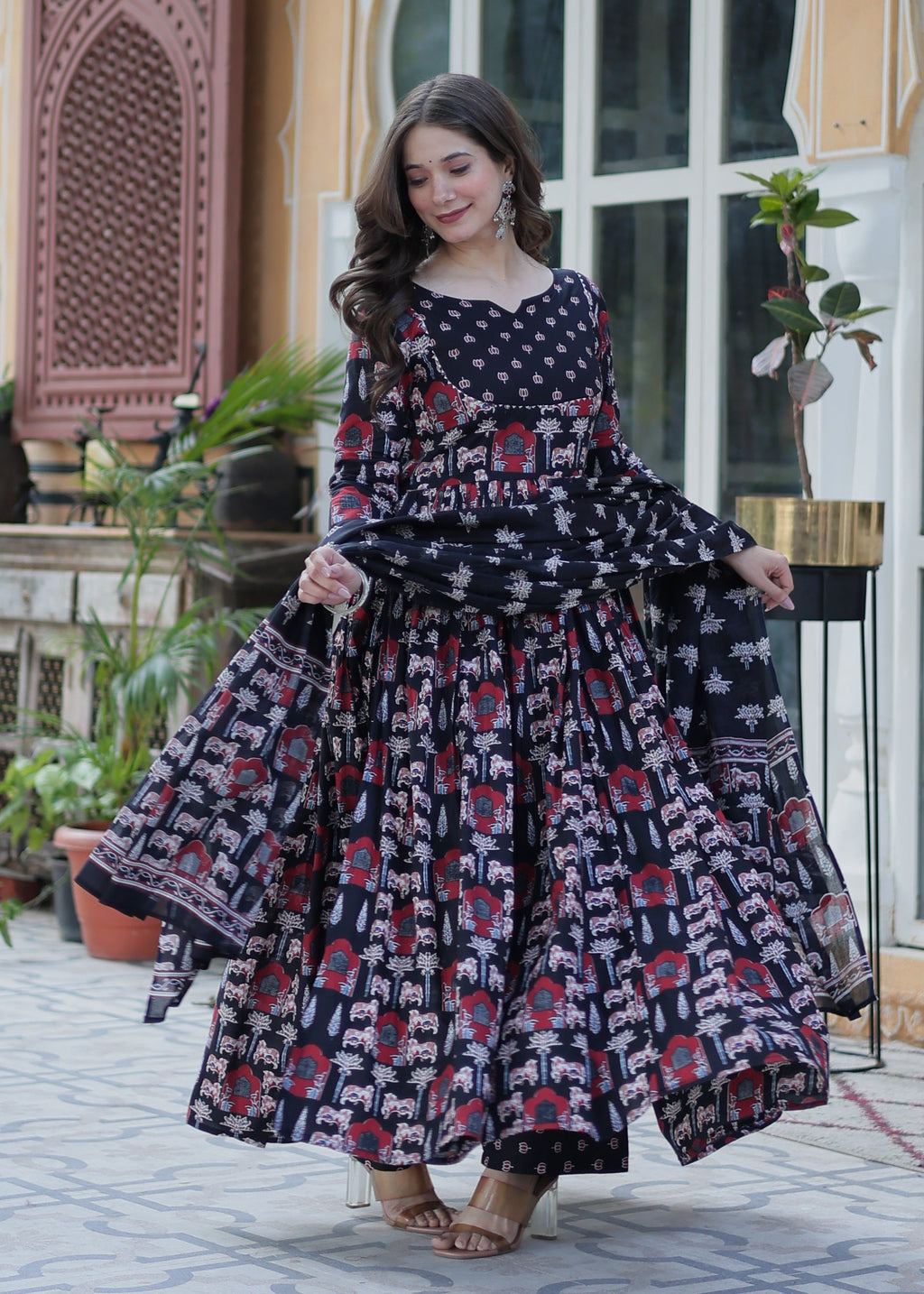 Vedant Vastram Printed Pure Cotton Kurti Pant Set With Dupatta - Black | Grocsy