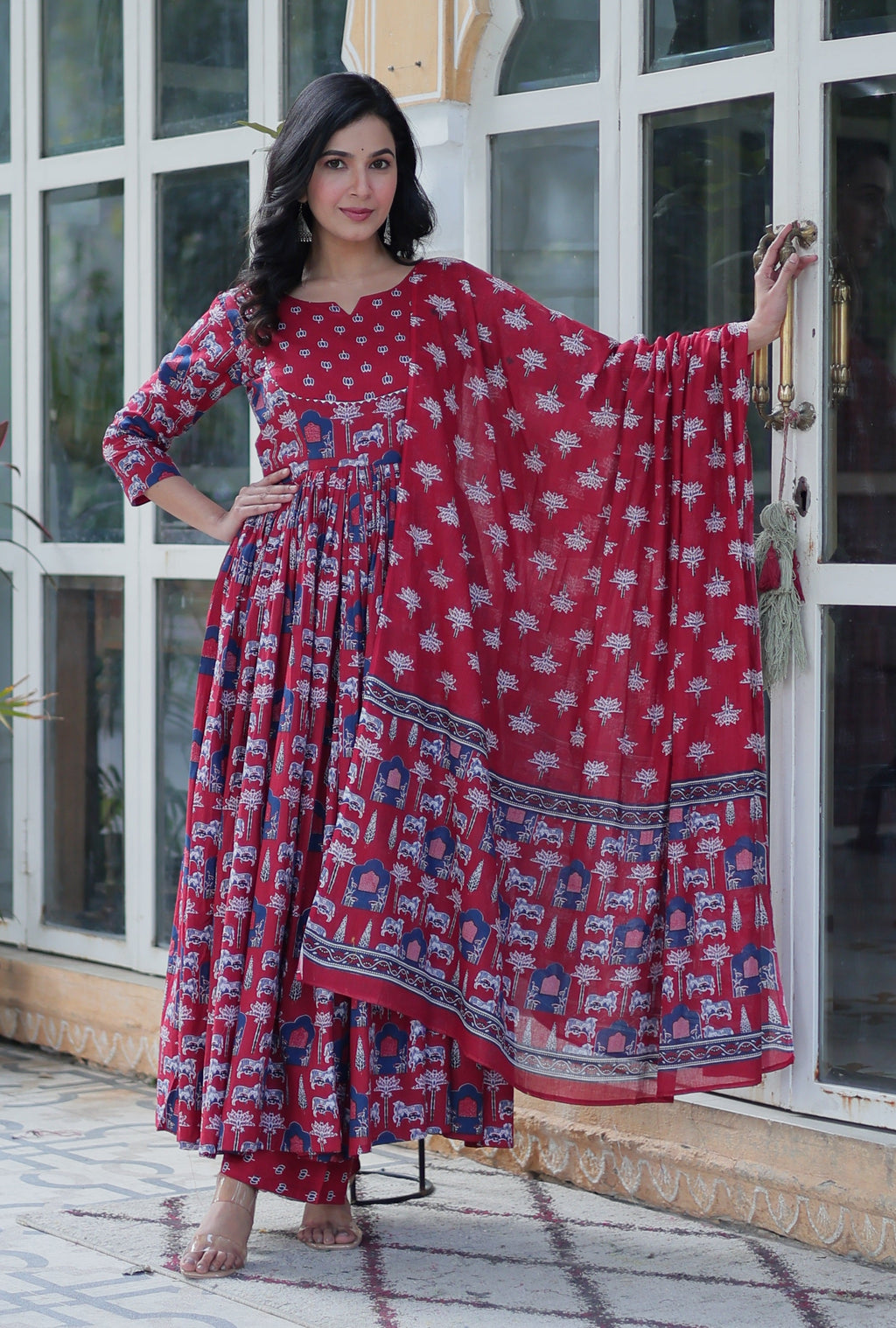 Vedant Vastram Printed Pure Cotton Kurti Pant Set With Dupatta - Maroon | Grocsy