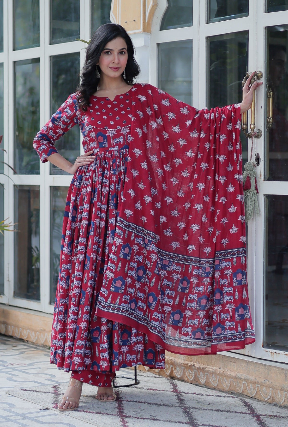 Vedant Vastram Printed Pure Cotton Kurti Pant Set With Dupatta - Maroon | Grocsy