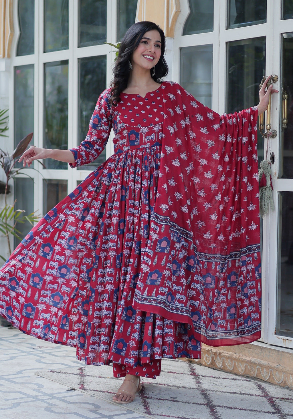Vedant Vastram Printed Pure Cotton Kurti Pant Set With Dupatta - Maroon | Grocsy