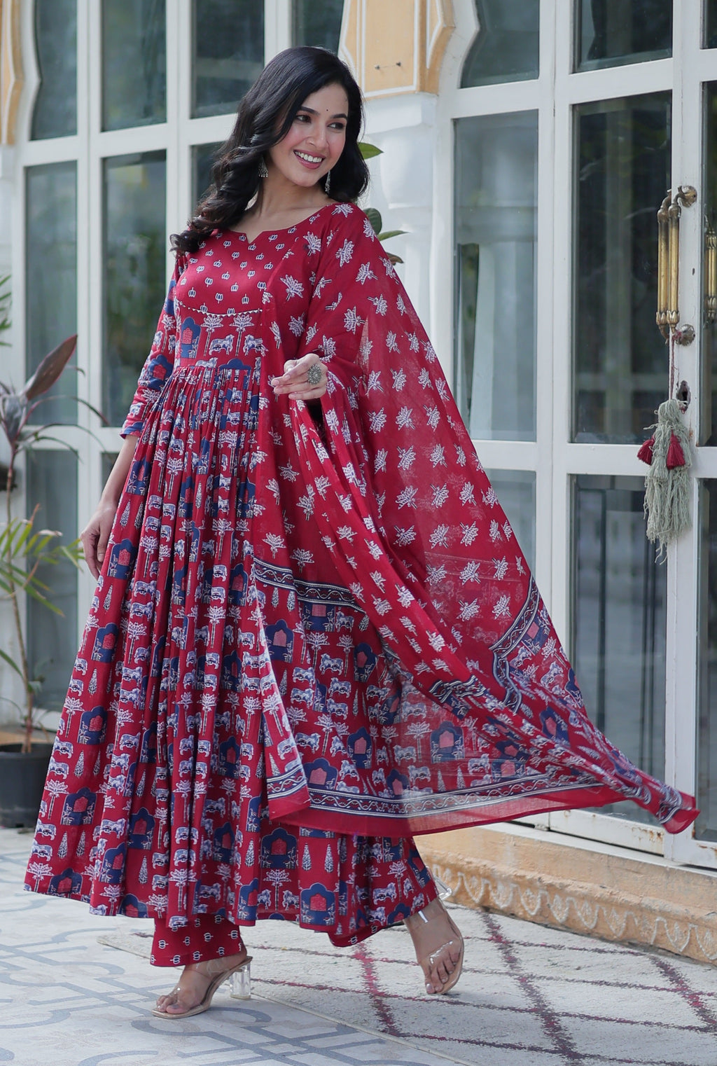 Vedant Vastram Printed Pure Cotton Kurti Pant Set With Dupatta - Maroon | Grocsy