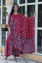 Vedant Vastram Printed Pure Cotton Kurti Pant Set With Dupatta - Maroon | Grocsy