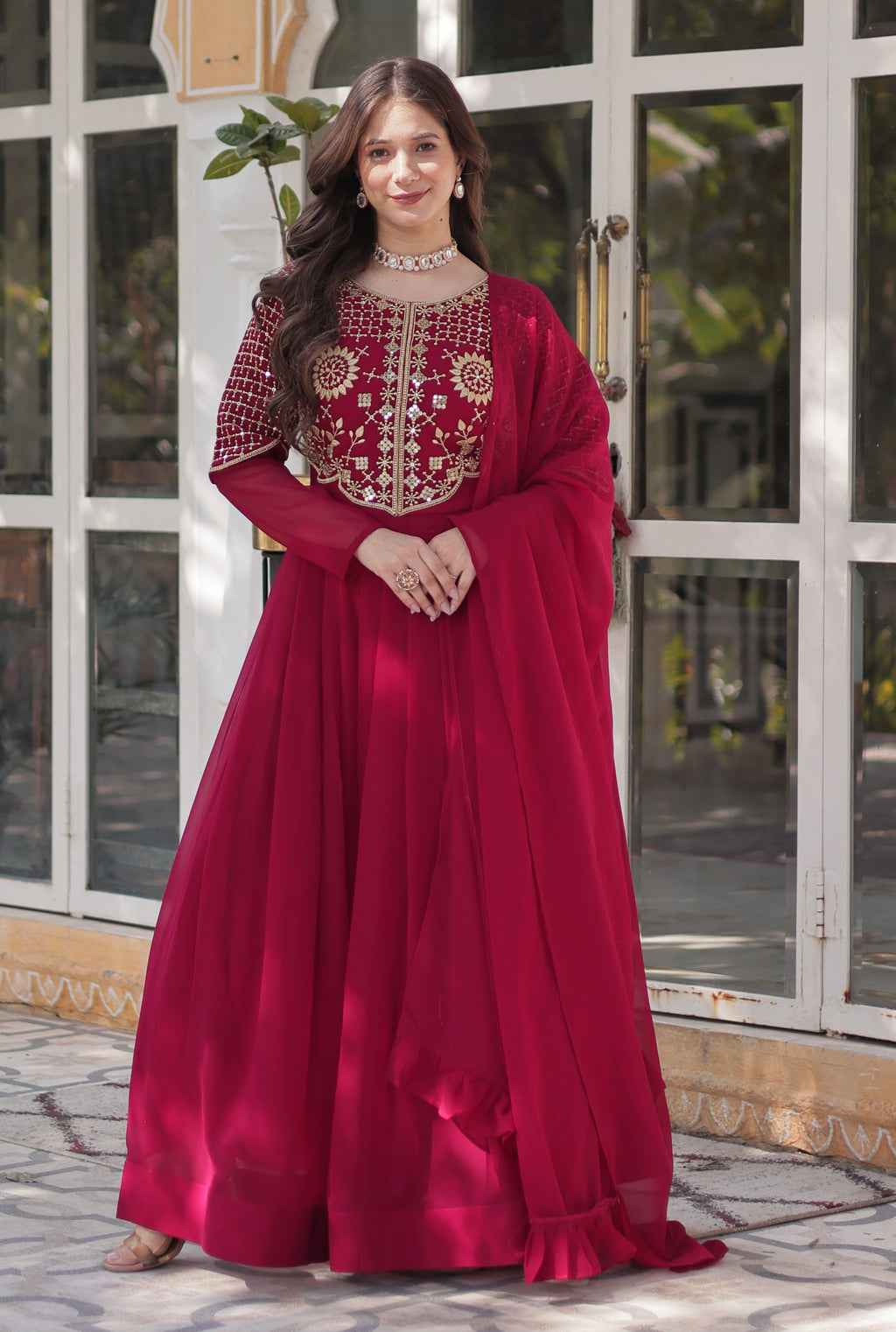 Vedant Vastram Heavy Embroidery & Sequins Work Pure Georgette Gown With Dupatta - Pink | Grocsy