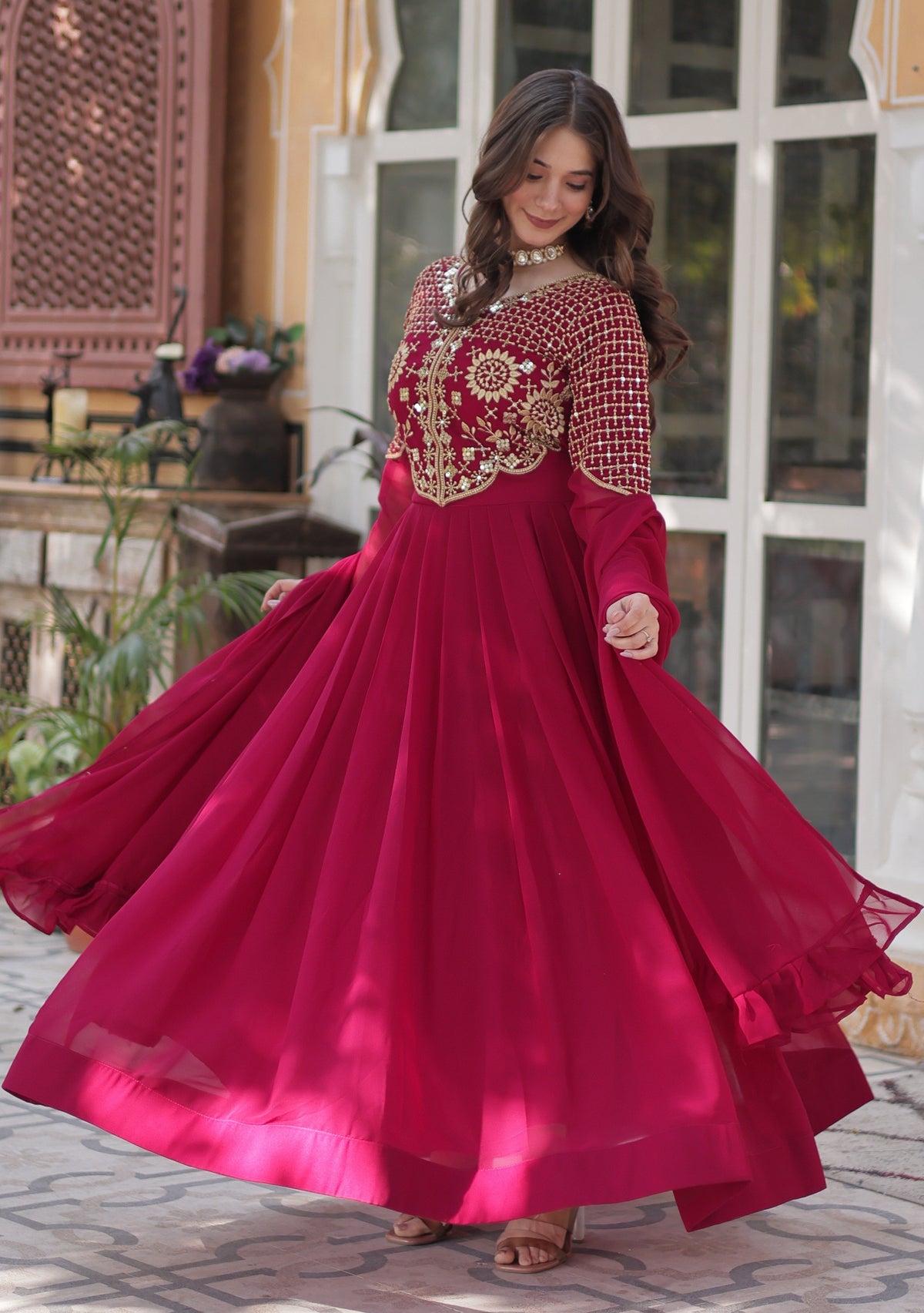 Vedant Vastram Heavy Embroidery & Sequins Work Pure Georgette Gown With Dupatta - Pink | Grocsy