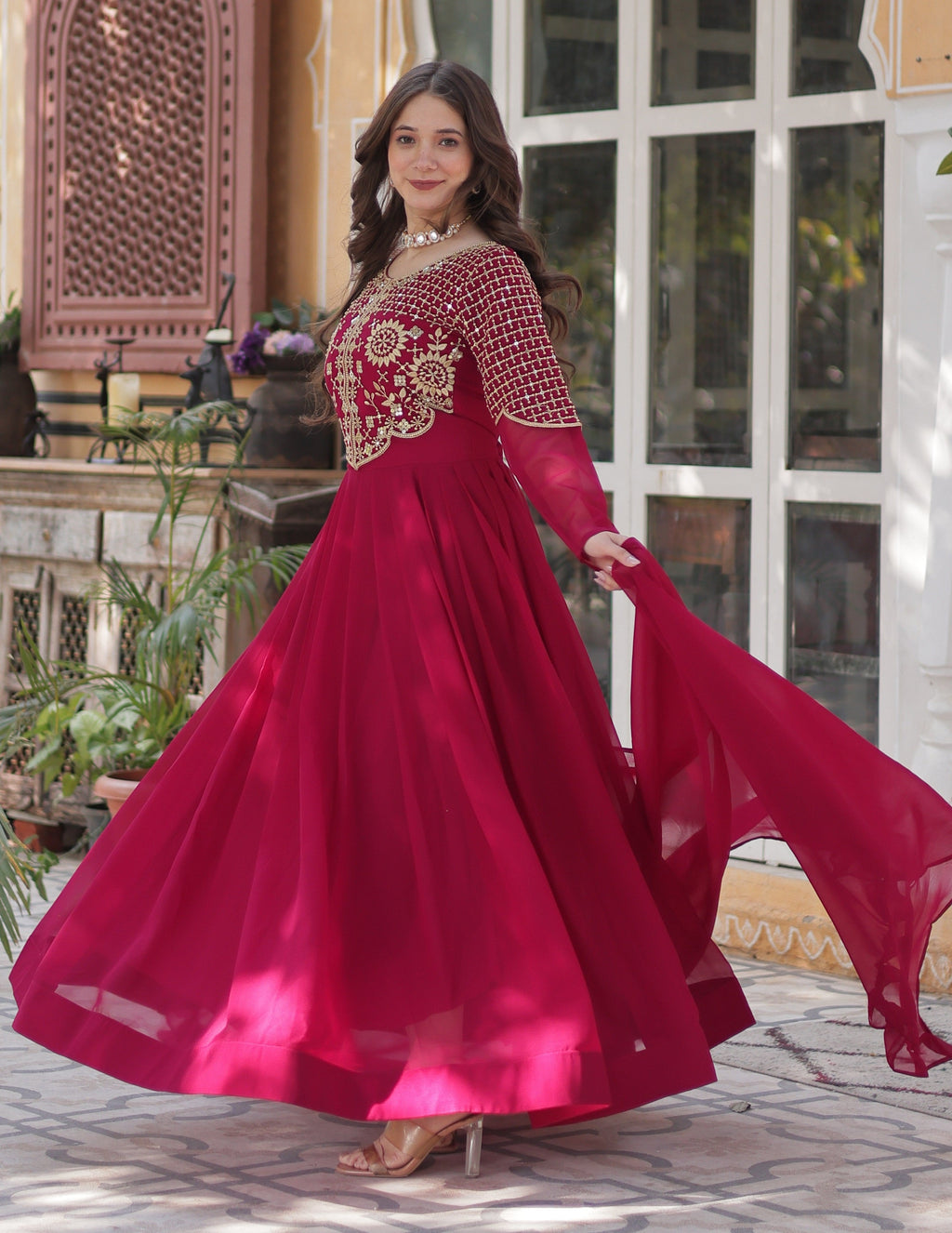 Vedant Vastram Heavy Embroidery & Sequins Work Pure Georgette Gown With Dupatta - Pink | Grocsy