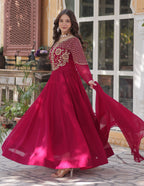 Vedant Vastram Heavy Embroidery & Sequins Work Pure Georgette Gown With Dupatta - Pink | Grocsy