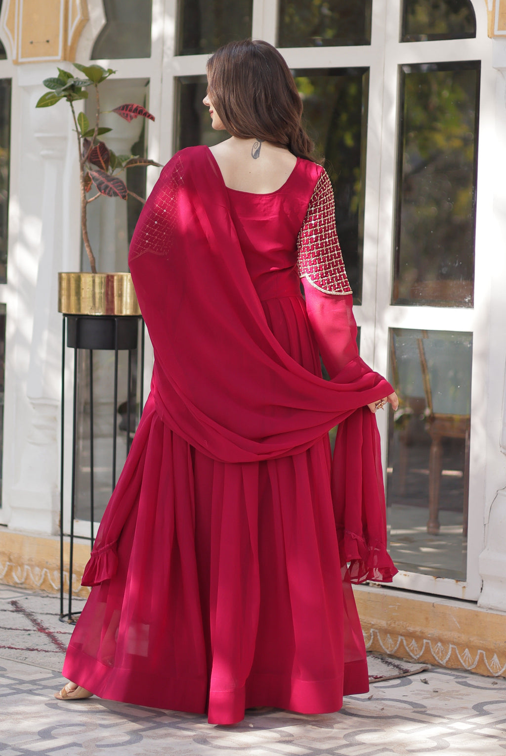 Vedant Vastram Heavy Embroidery & Sequins Work Pure Georgette Gown With Dupatta - Pink | Grocsy