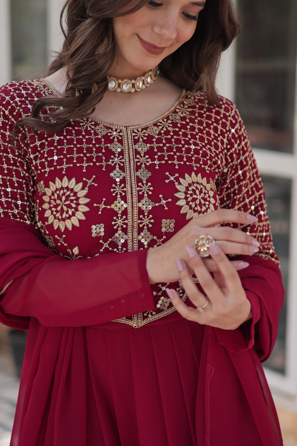 Vedant Vastram Heavy Embroidery & Sequins Work Pure Georgette Gown With Dupatta - Pink | Grocsy
