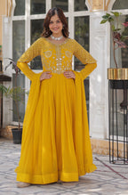 Vedant Vastram Heavy Embroidery & Sequins Work Pure Georgette Gown With Dupatta - Yellow | Grocsy