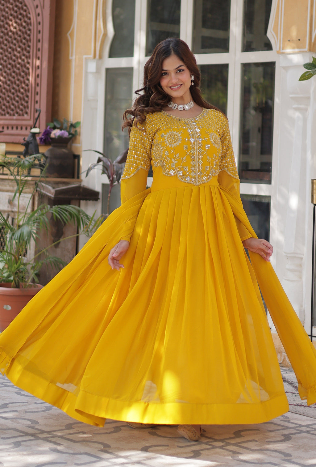 Vedant Vastram Heavy Embroidery & Sequins Work Pure Georgette Gown With Dupatta - Yellow | Grocsy