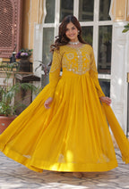 Vedant Vastram Heavy Embroidery & Sequins Work Pure Georgette Gown With Dupatta - Yellow | Grocsy