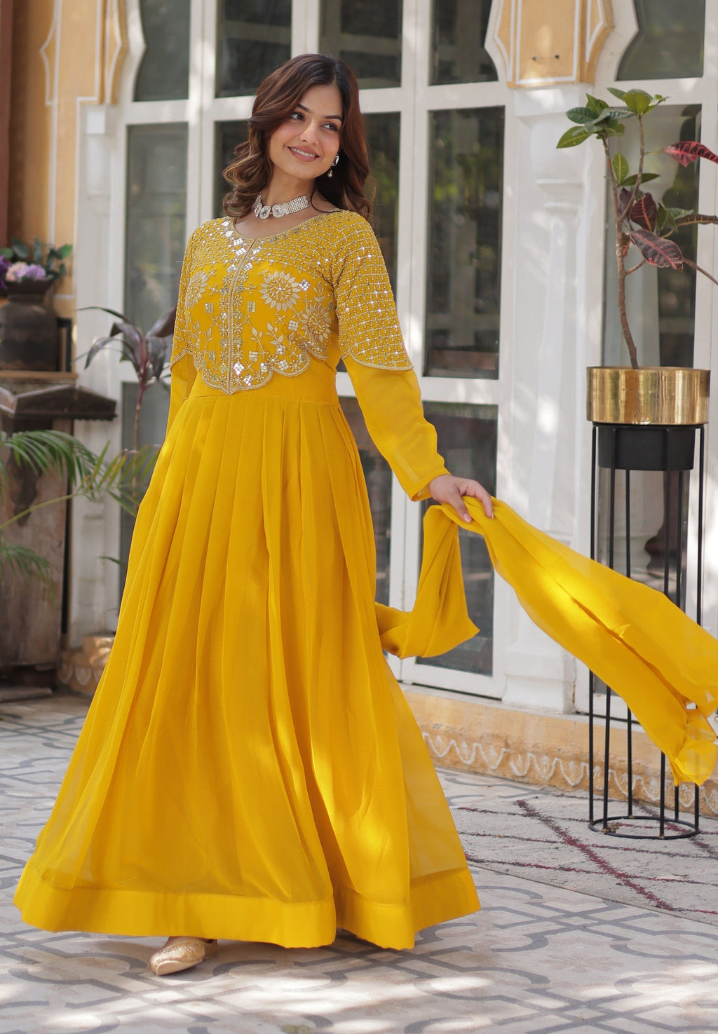 Vedant Vastram Heavy Embroidery & Sequins Work Pure Georgette Gown With Dupatta - Yellow | Grocsy