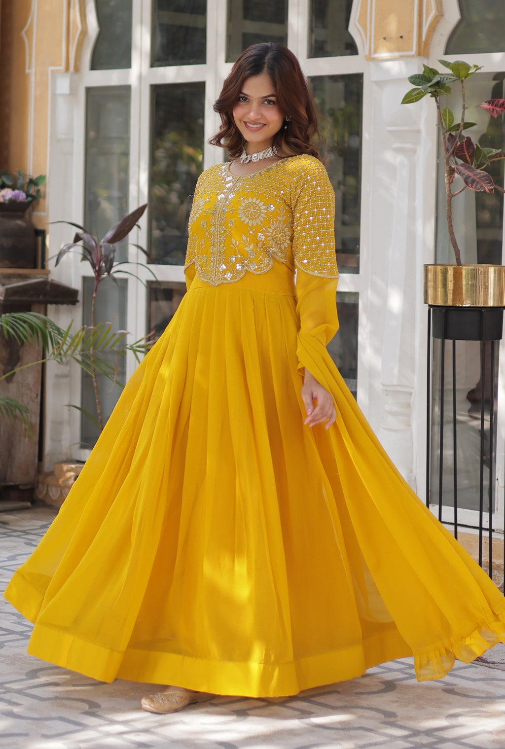 Vedant Vastram Heavy Embroidery & Sequins Work Pure Georgette Gown With Dupatta - Yellow | Grocsy