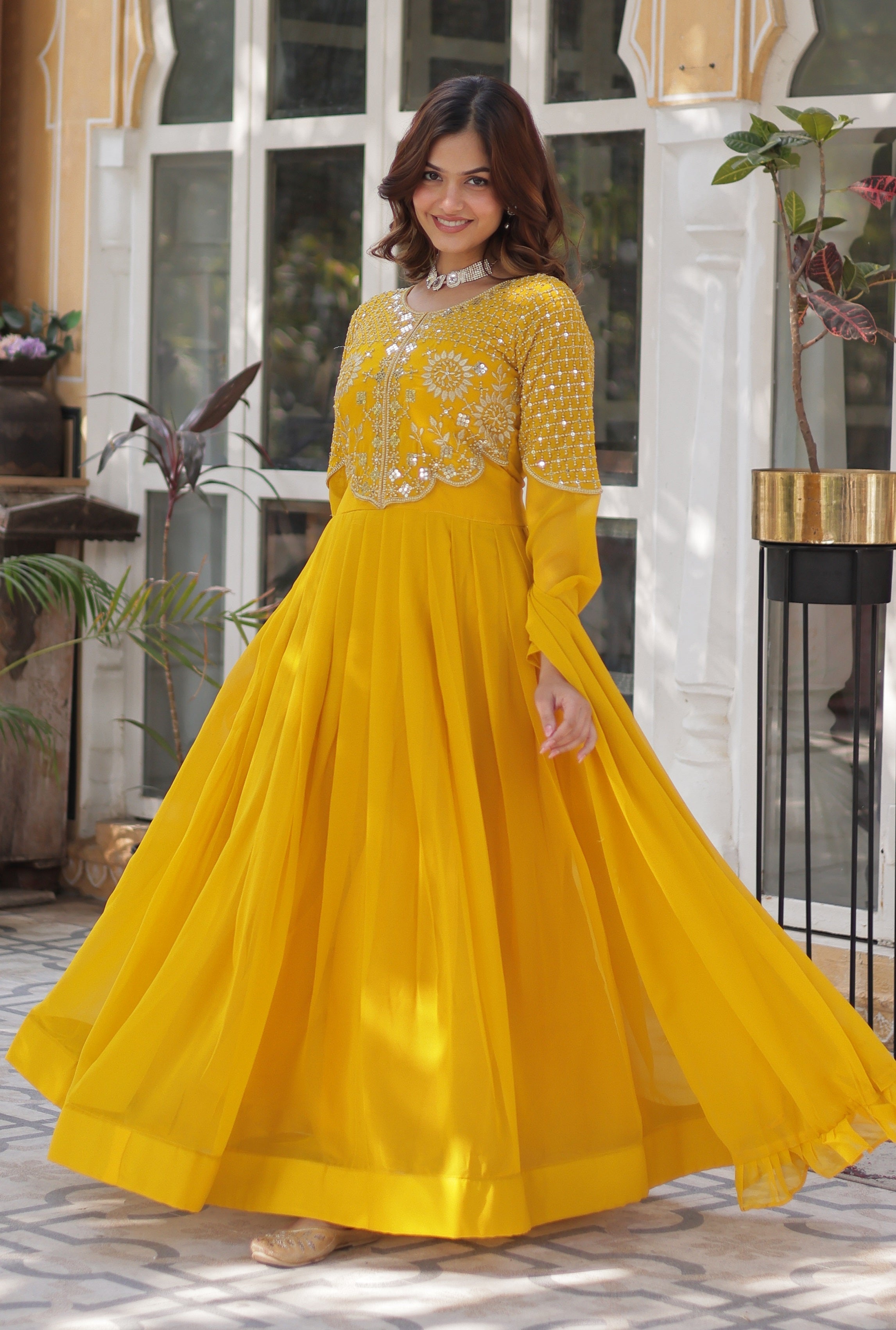 Vedant Vastram Heavy Embroidery & Sequins Work Pure Georgette Gown With Dupatta - Yellow | Grocsy