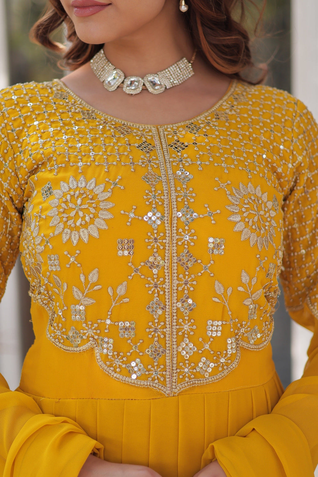 Vedant Vastram Heavy Embroidery & Sequins Work Pure Georgette Gown With Dupatta - Yellow | Grocsy