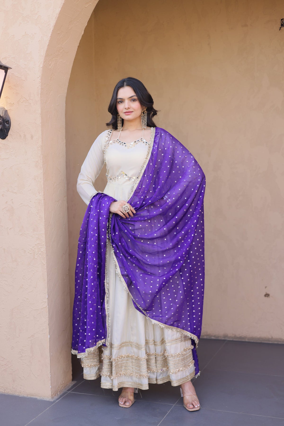 Lorenvalley Fashion Cream Cosmos with Real Mirror with Zari Embroidered lace work Gown with Dupatta | Grocsy