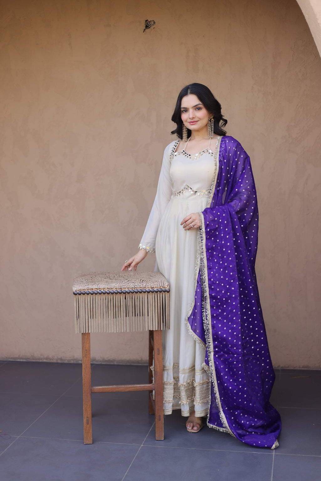 Lorenvalley Fashion Cream Cosmos with Real Mirror with Zari Embroidered lace work Gown with Dupatta | Grocsy
