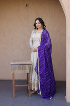 Lorenvalley Fashion Cream Cosmos with Real Mirror with Zari Embroidered lace work Gown with Dupatta | Grocsy