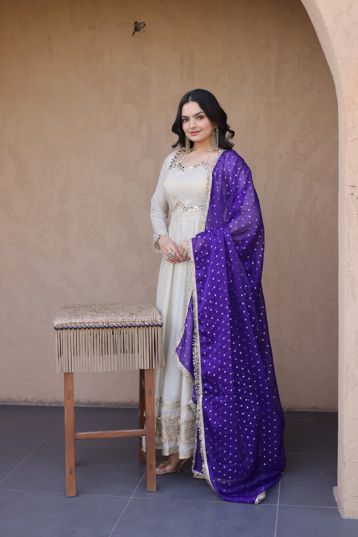 Lorenvalley Fashion Cream Cosmos with Real Mirror with Zari Embroidered lace work Gown with Dupatta | Grocsy