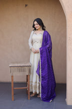 Lorenvalley Fashion Cream Cosmos with Real Mirror with Zari Embroidered lace work Gown with Dupatta | Grocsy
