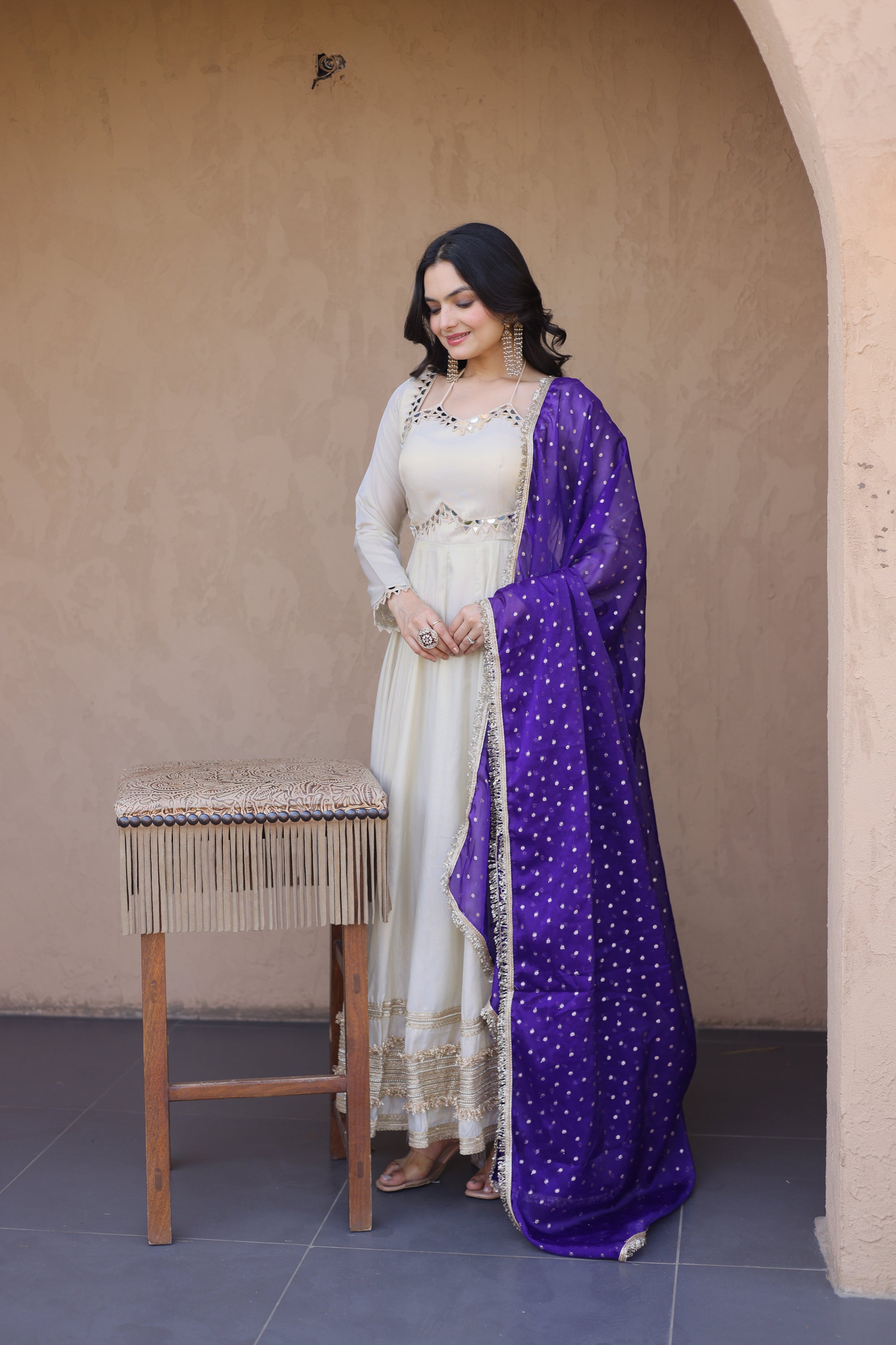 Lorenvalley Fashion Cream Cosmos with Real Mirror with Zari Embroidered lace work Gown with Dupatta | Grocsy