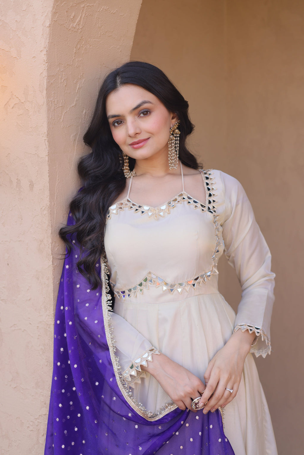 Lorenvalley Fashion Cream Cosmos with Real Mirror with Zari Embroidered lace work Gown with Dupatta | Grocsy