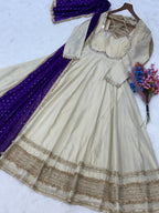 Lorenvalley Fashion Cream Cosmos with Real Mirror with Zari Embroidered lace work Gown with Dupatta | Grocsy