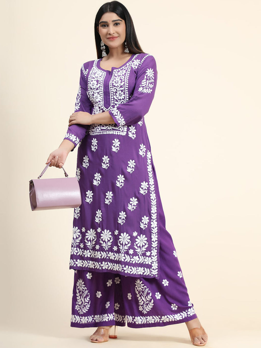 HOUSE OF KARI Women Purple Floral Embroidered Chikankari Pure Cotton Kurta with Palazzos | Grocsy