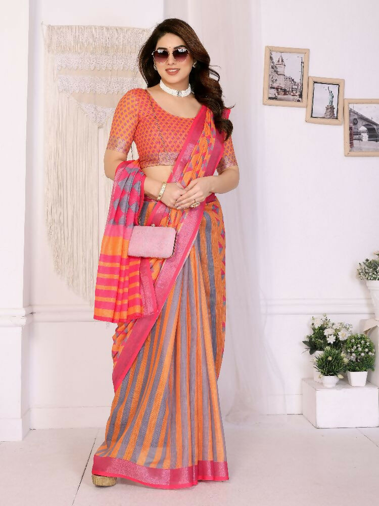PR Fashion Orange Handloom Linen Cotton Zari Saree | Grocsy