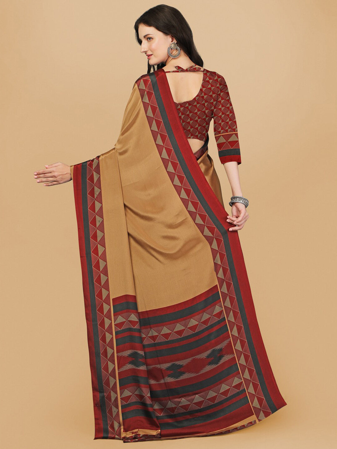 Sangria Beige & Red Pure Crepe Saree | Grocsy