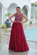 Lorenvalley Fashion Maroon Rayon Kutchi Gamthi Thread Embroidered & mirror Work Gown | Grocsy