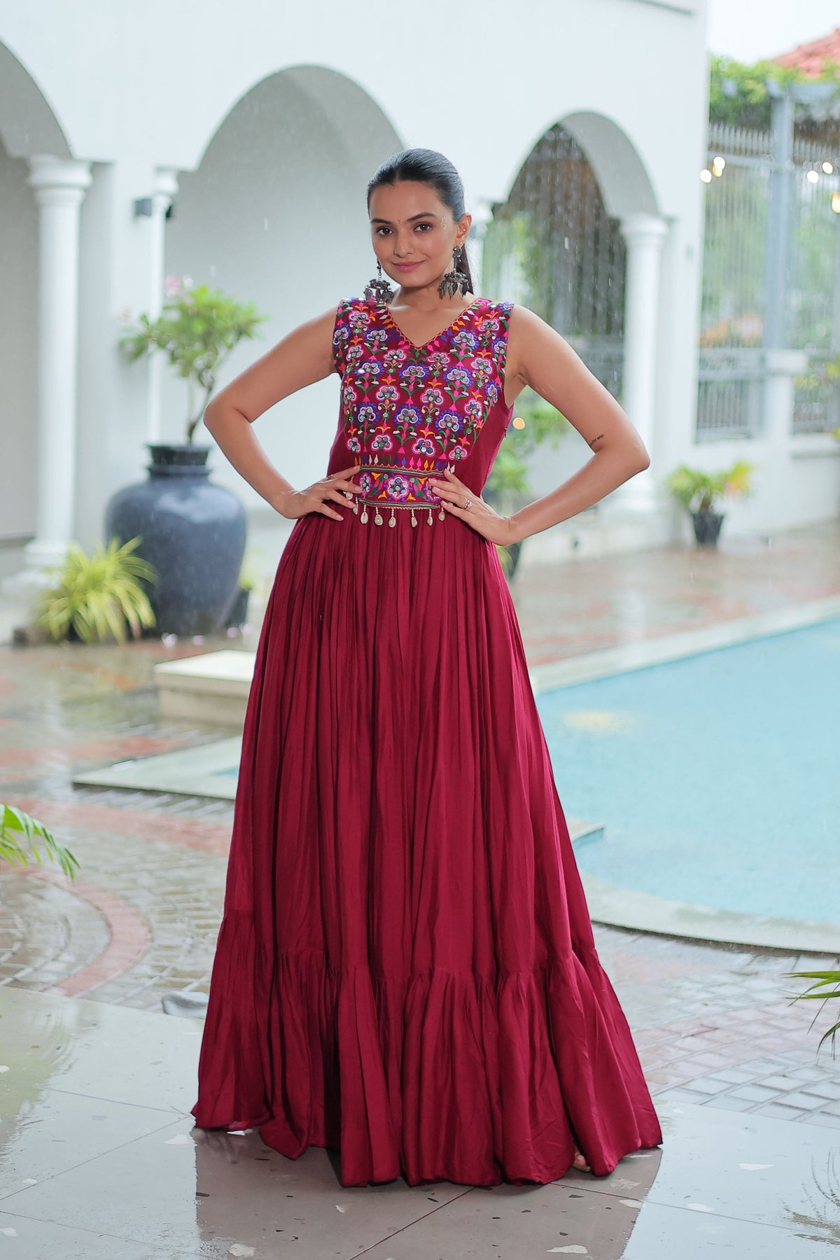 Lorenvalley Fashion Maroon Rayon Kutchi Gamthi Thread Embroidered & mirror Work Gown | Grocsy