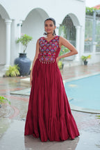 Lorenvalley Fashion Maroon Rayon Kutchi Gamthi Thread Embroidered & mirror Work Gown | Grocsy