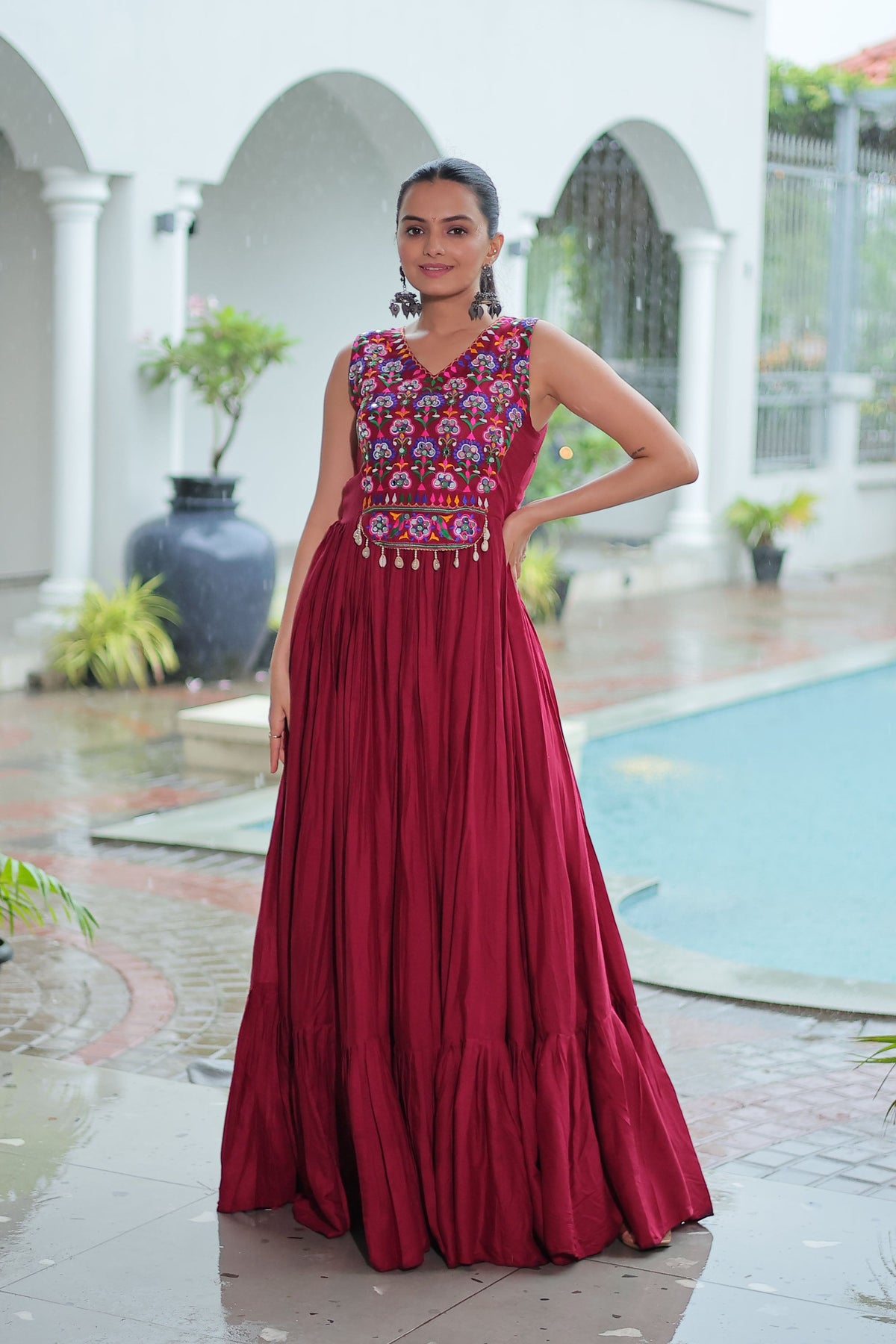 Lorenvalley Fashion Maroon Rayon Kutchi Gamthi Thread Embroidered & mirror Work Gown | Grocsy