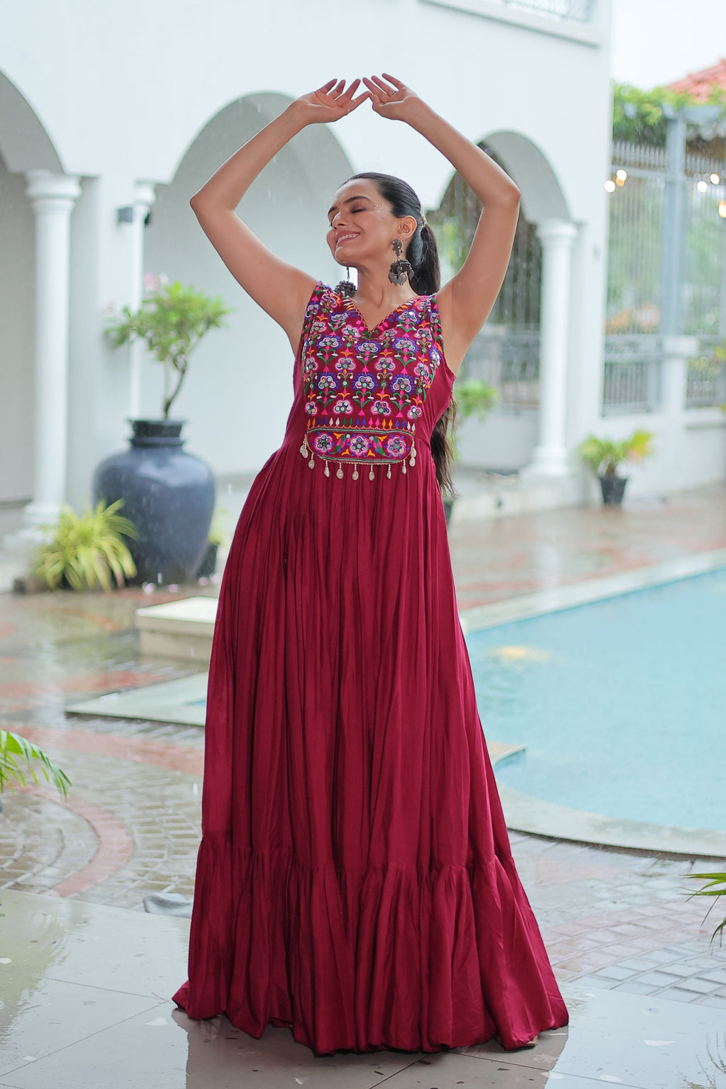 Lorenvalley Fashion Maroon Rayon Kutchi Gamthi Thread Embroidered & mirror Work Gown | Grocsy