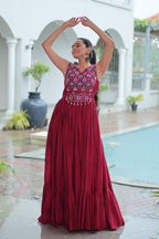 Lorenvalley Fashion Maroon Rayon Kutchi Gamthi Thread Embroidered & mirror Work Gown | Grocsy