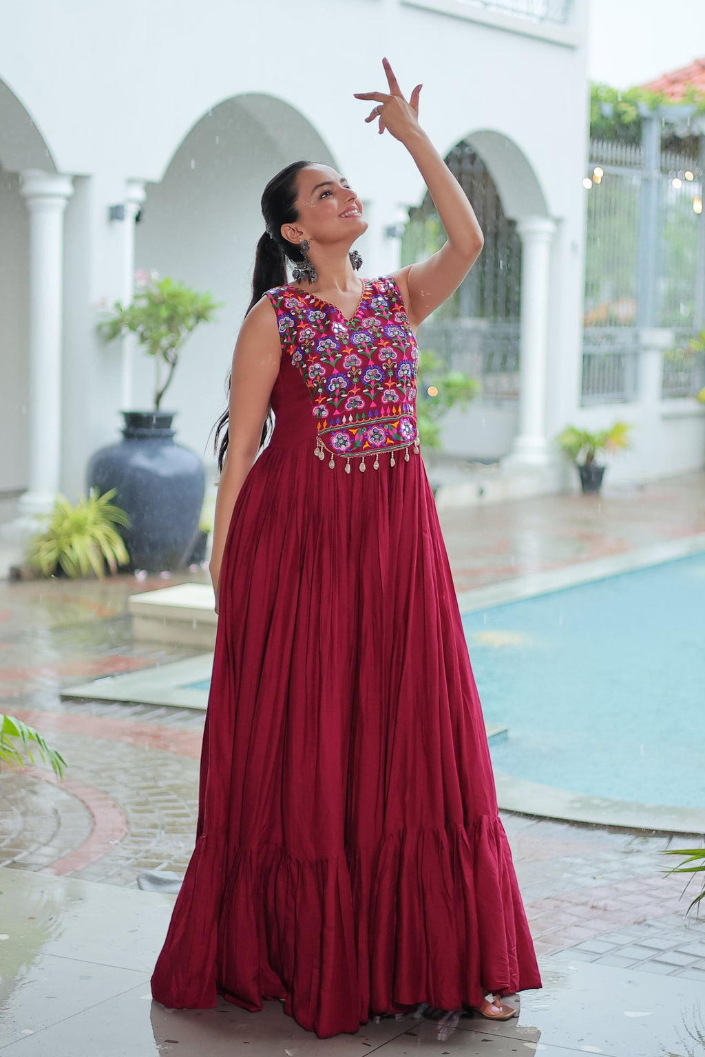 Lorenvalley Fashion Maroon Rayon Kutchi Gamthi Thread Embroidered & mirror Work Gown | Grocsy
