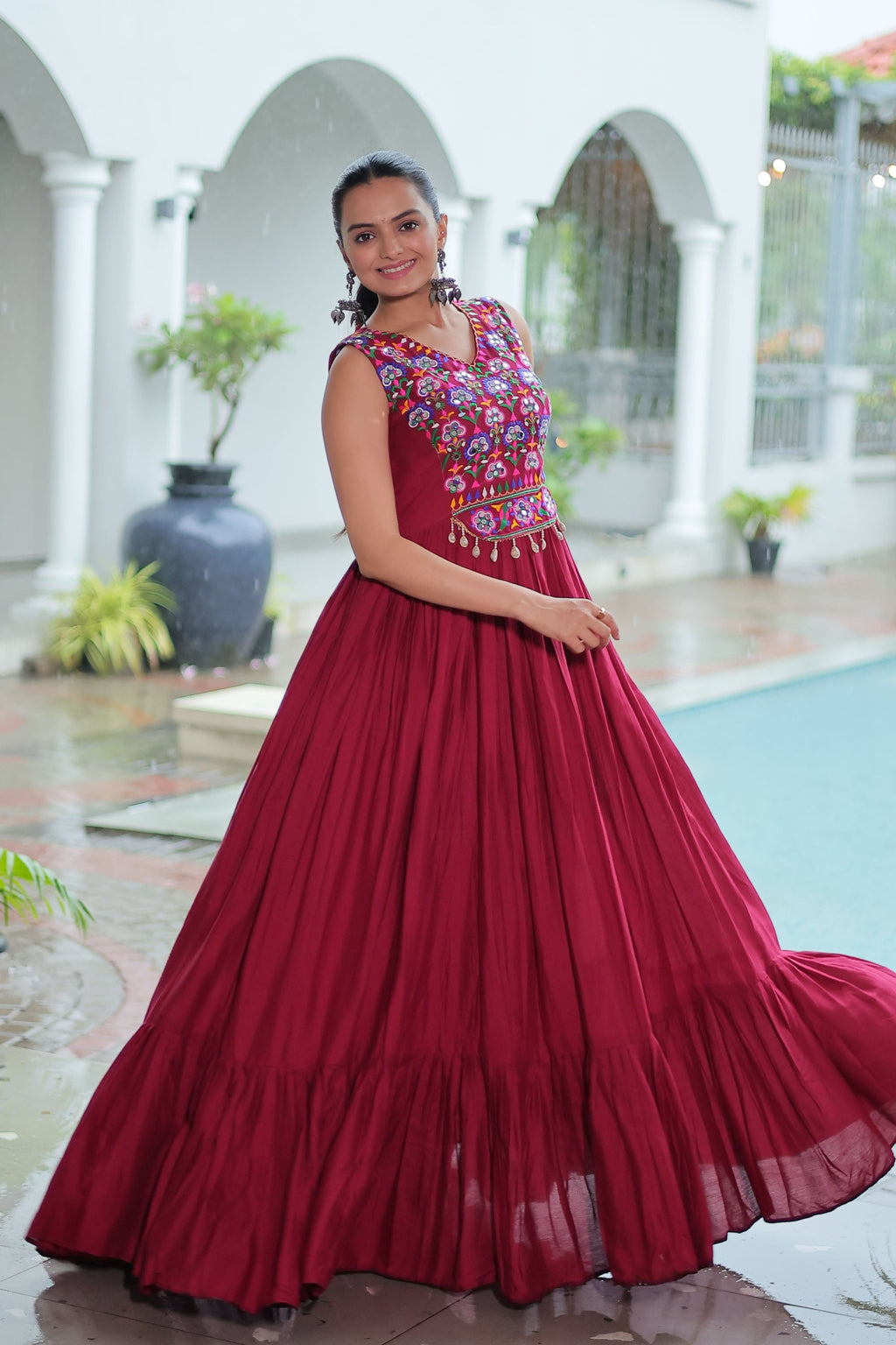 Lorenvalley Fashion Maroon Rayon Kutchi Gamthi Thread Embroidered & mirror Work Gown | Grocsy