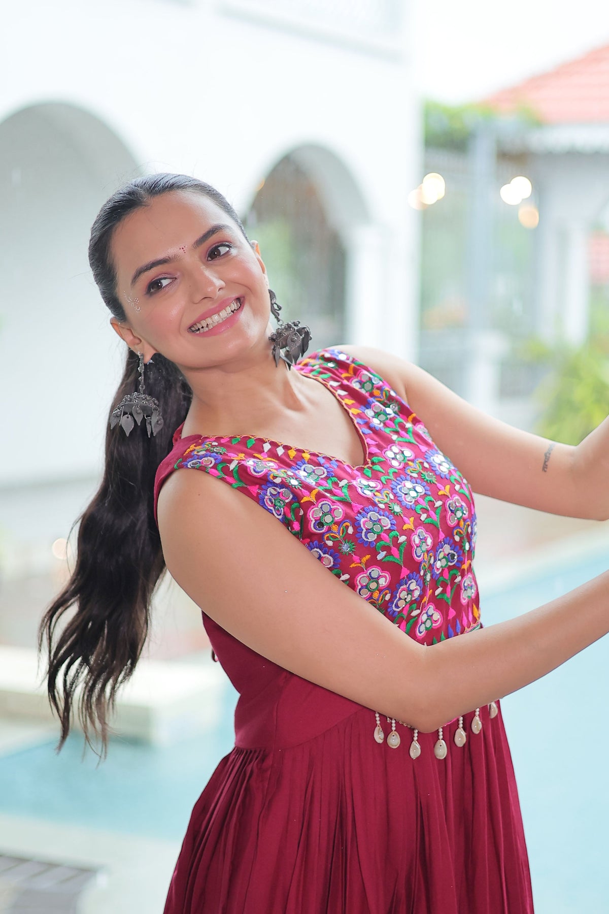 Lorenvalley Fashion Maroon Rayon Kutchi Gamthi Thread Embroidered & mirror Work Gown | Grocsy