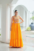 Lorenvalley Fashion Yellow Rayon Kutchi Gamthi Thread Embroidered & mirror Work Gown | Grocsy