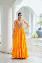 Lorenvalley Fashion Yellow Rayon Kutchi Gamthi Thread Embroidered & mirror Work Gown | Grocsy