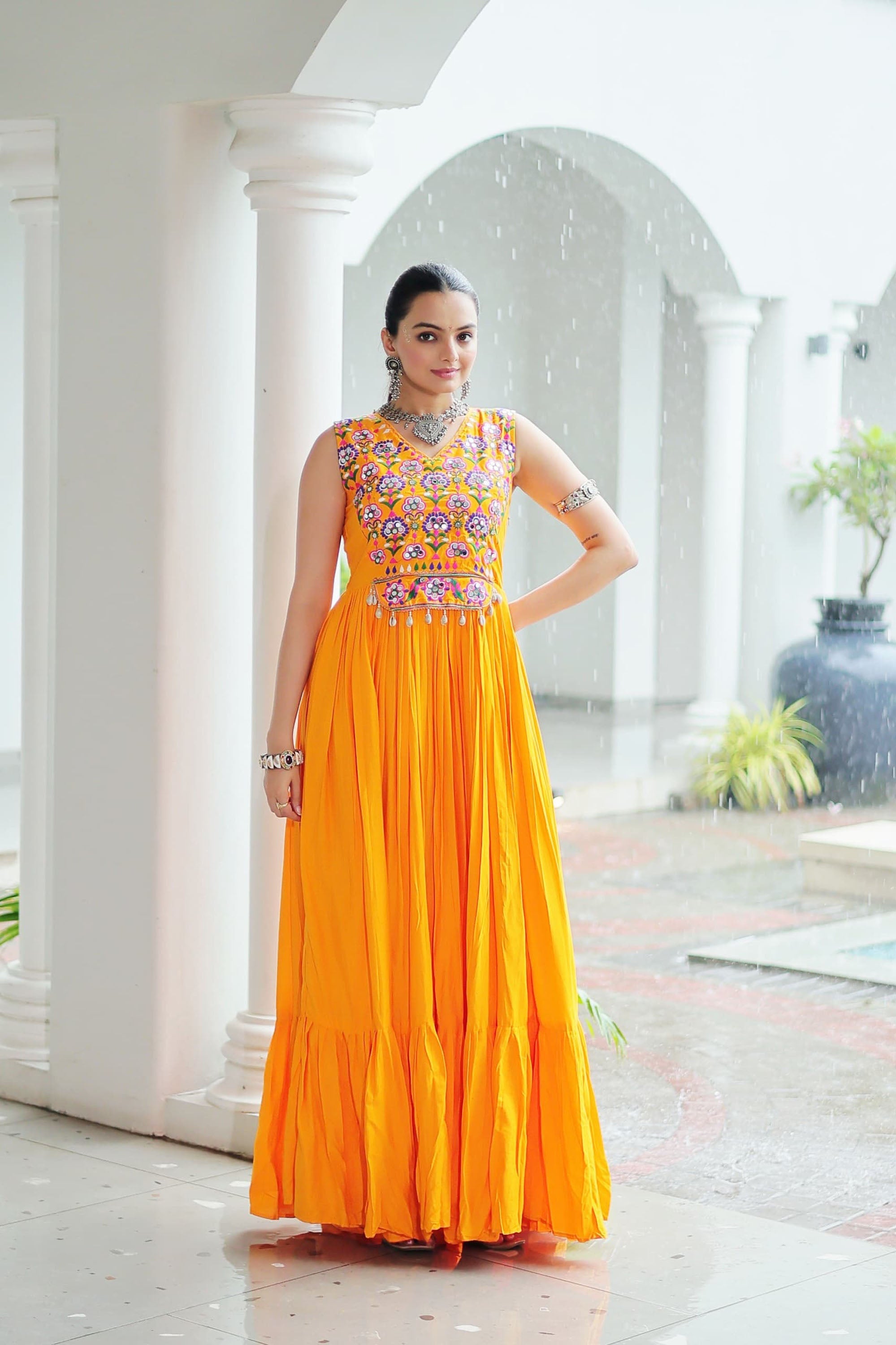 Lorenvalley Fashion Yellow Rayon Kutchi Gamthi Thread Embroidered & mirror Work Gown | Grocsy