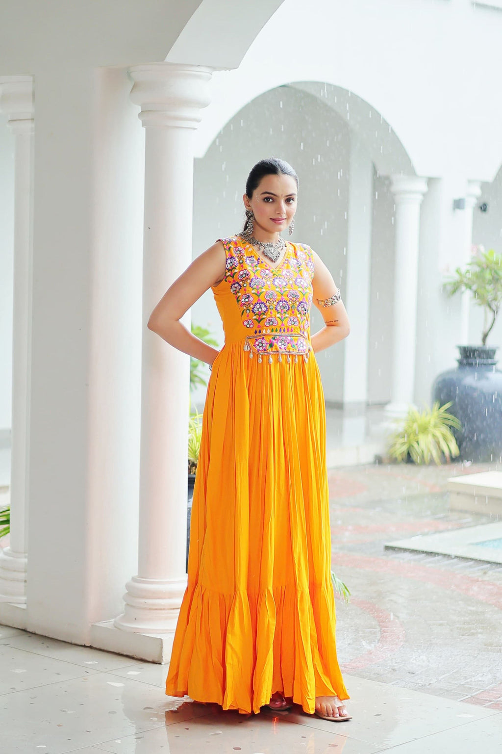 Lorenvalley Fashion Yellow Rayon Kutchi Gamthi Thread Embroidered & mirror Work Gown | Grocsy